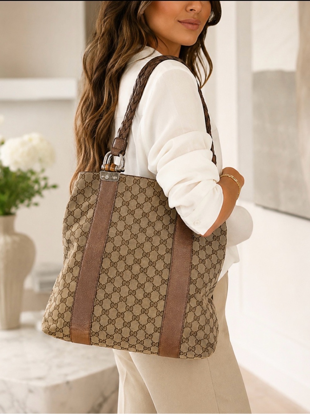 Gucci Vertical Bamboo Tote Monogram Canvas